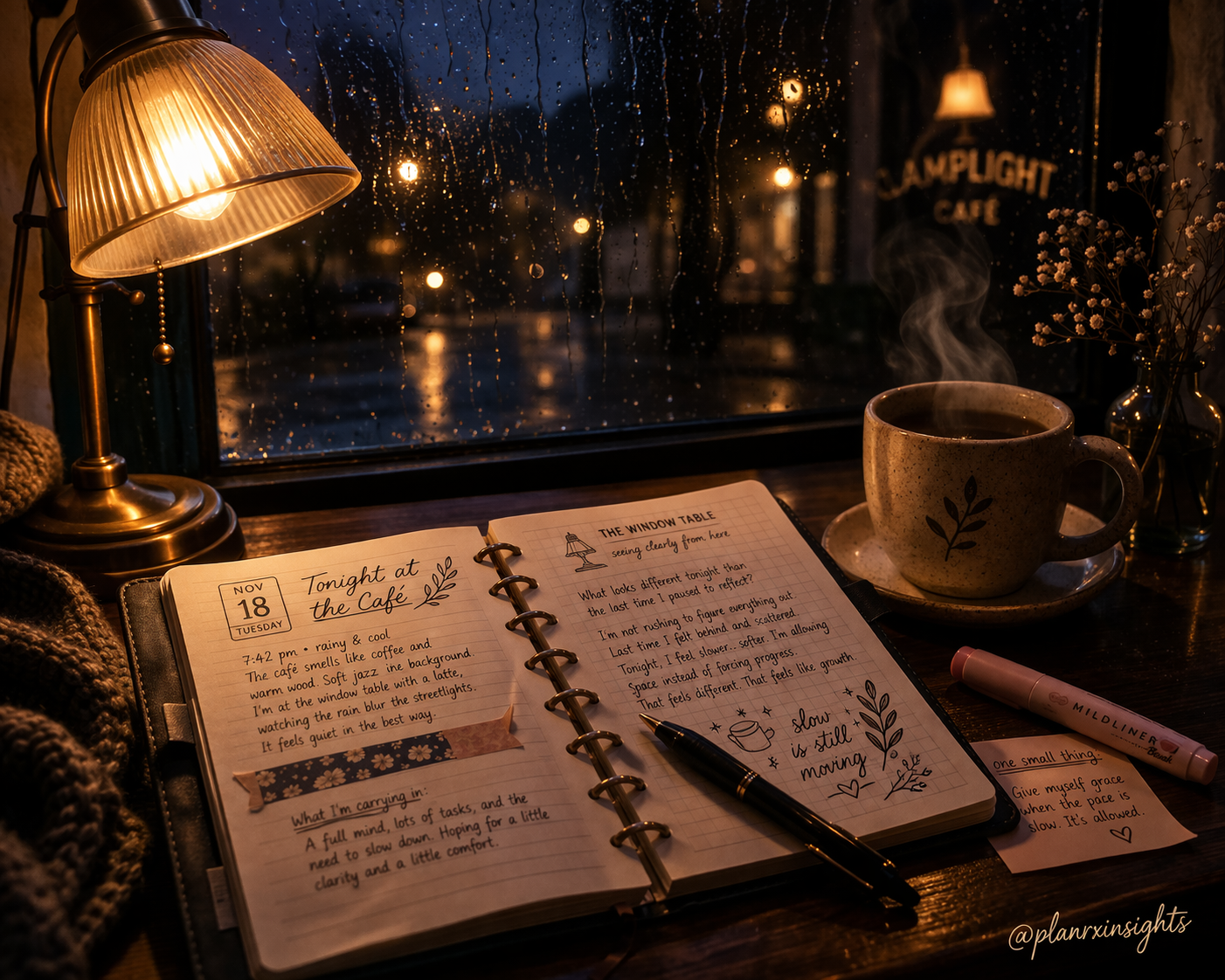 An open planner on a warm wooden café table, lit by a brass desk lamp, with a steaming mug nearby and rain on the window behind it.
