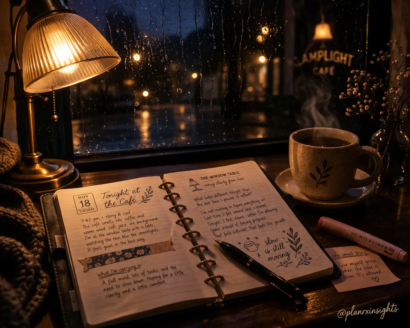 An open planner on a warm wooden café table, lit by a brass desk lamp, with a steaming mug nearby and rain on the window behind it.